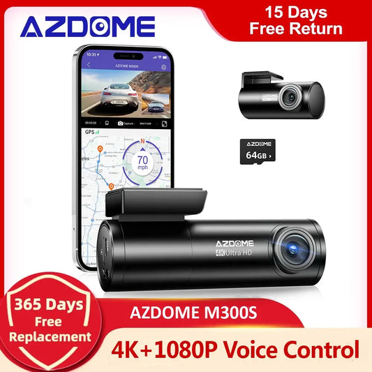 AZDOME-cámara trasera M300S grabadoras de coche 4K + 1080P, lente de 800MP, GPS, Wifi, DVR, Control de voz, visión nocturna, cámara de salpicadero